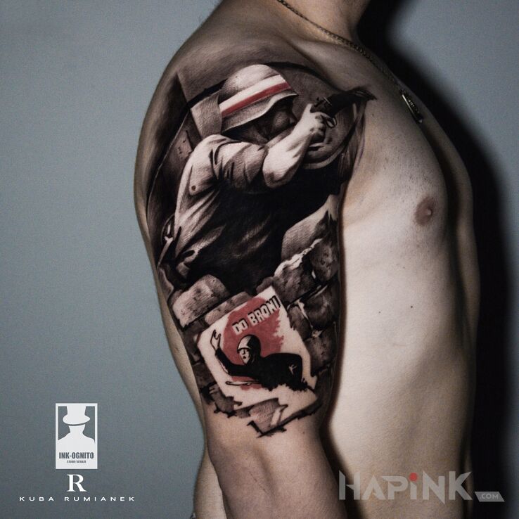 Tattoo Polska Walczaca in black and gray motif and realistic style on the upper arm