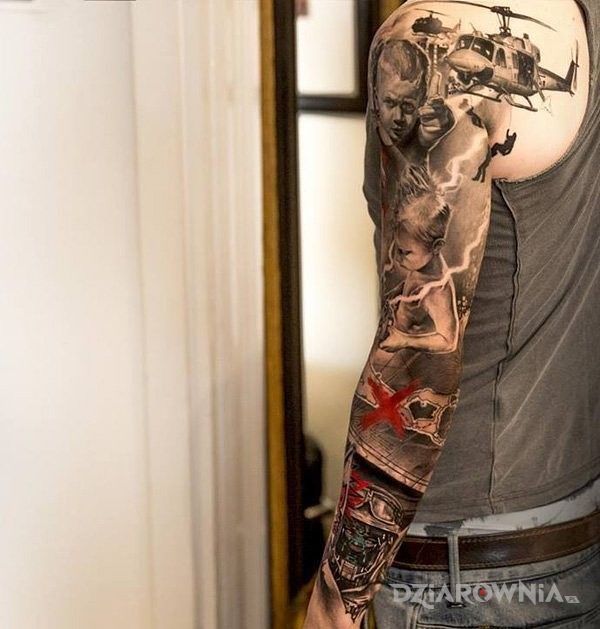 Tatuaż wojna w motywie rękawy na przedramieniu