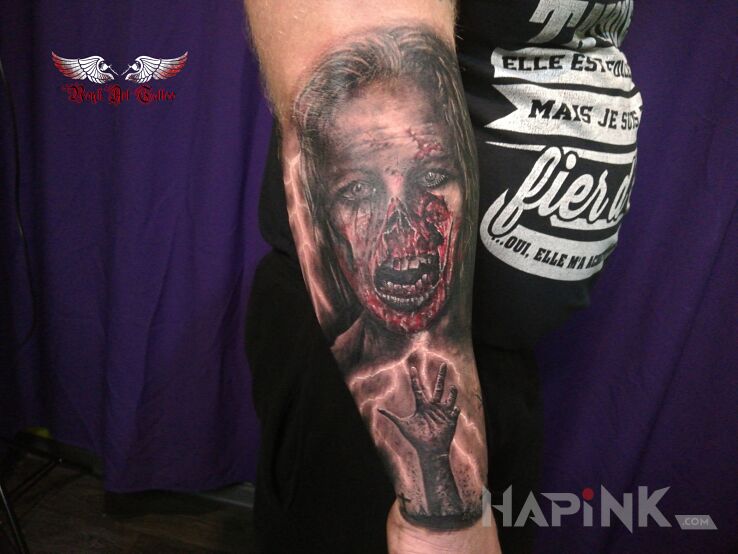 Tattoo Zombie :-) in 3D motif and realistic style on the forearm