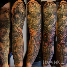 Tattoo Paladin and his weapons on the upper arm motif: sleeves