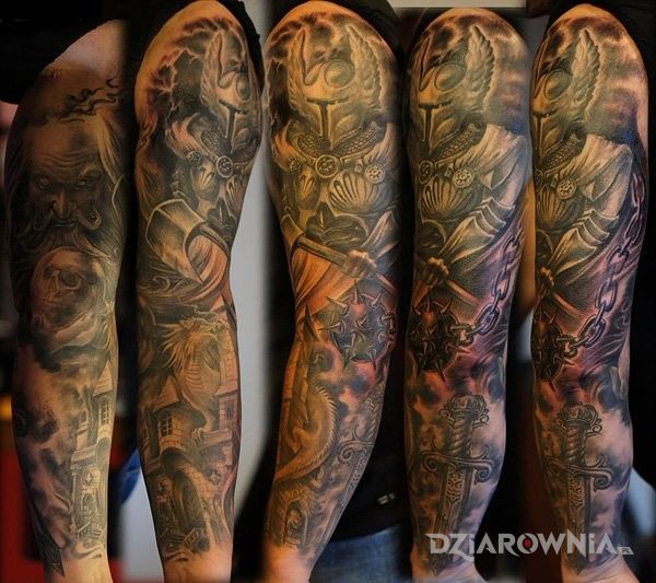 Tatuaż paladyn i jego oręż w motywie rękawy na przedramieniu