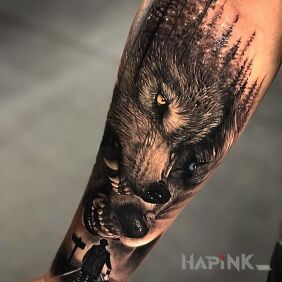 Tattoo Threatening wolves on the forearm motif: characters style: realistic