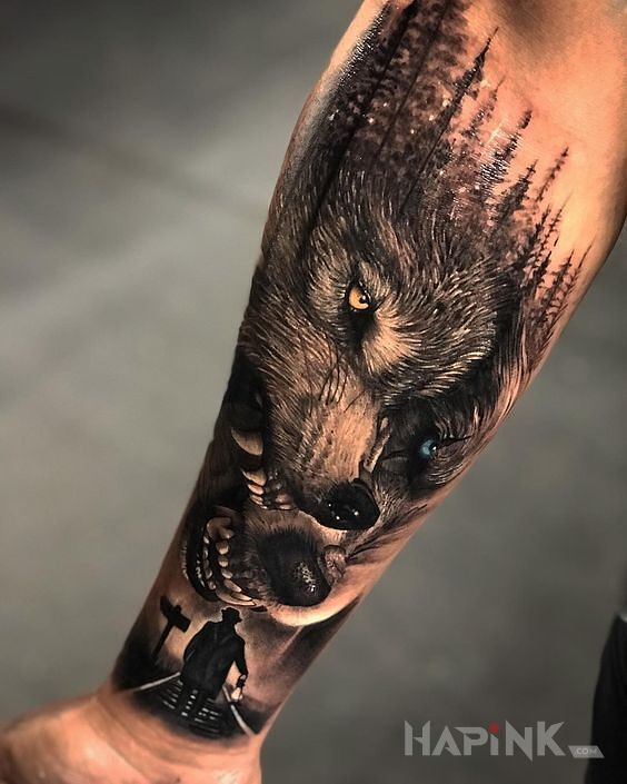 Tattoo Groźne wilki in characters motif and realistic style on the forearm