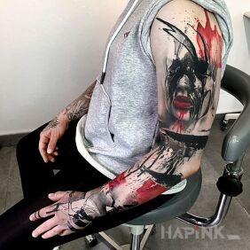 Tattoo Trash polka sleeve on the forearm motif: sleeves style: trash polka