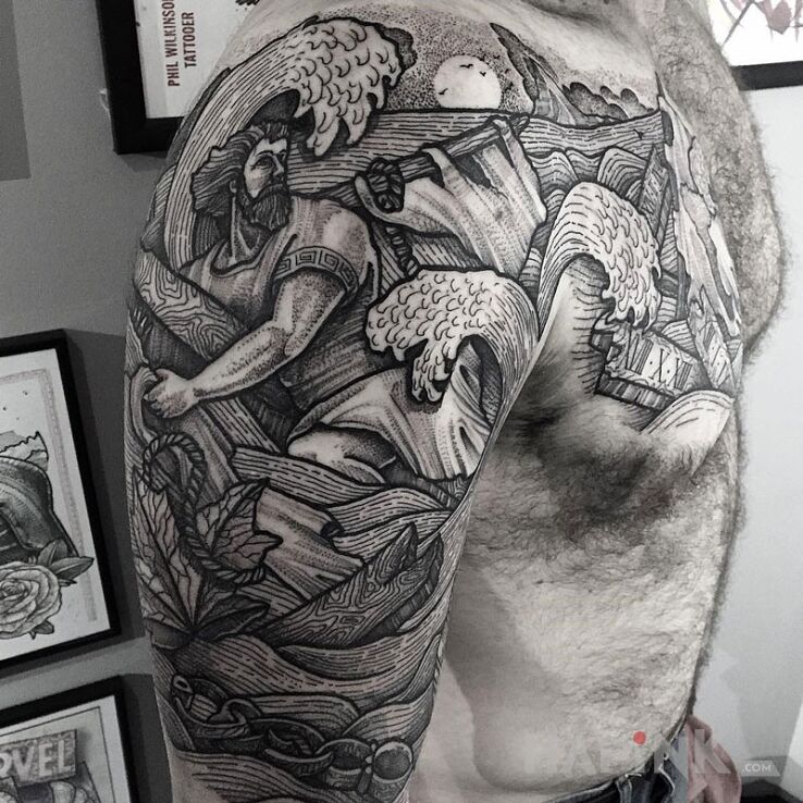 Tattoo Odyseusz in characters motif on the upper arm