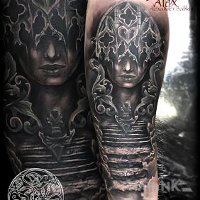 Tattoo Staircase with ornaments and portrait on the forearm motif: Stained glass style: realistic