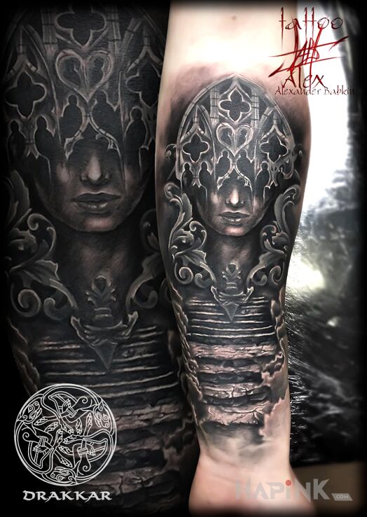 Tattoo Schody z ornamentami i portret in Stained glass motif and realistic style on the forearm