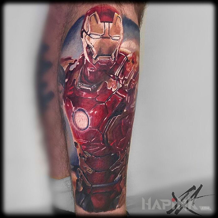 Tattoo Iron Man in 3D motif and realistic style on the calf