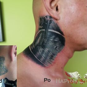 Tattoo Musical cover on the neck motif: black and gray style: realistic