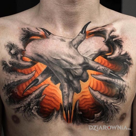 Tatuaż ręce diabła w motywie kolorowe i stylu organika na klatce