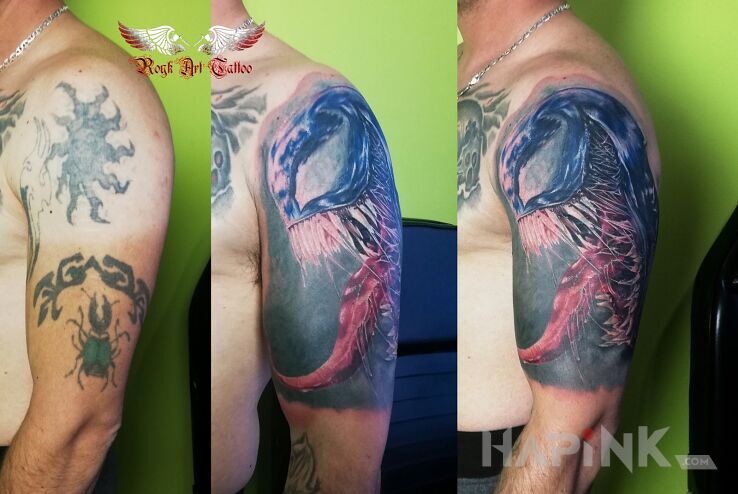 Tattoo Coverek i kultowa postać :-D in cover-up motif and realistic style on the upper arm