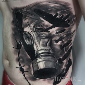 Tattoo Gas Mask, Postapocalypse on the ribs motif: 3D style: realistic