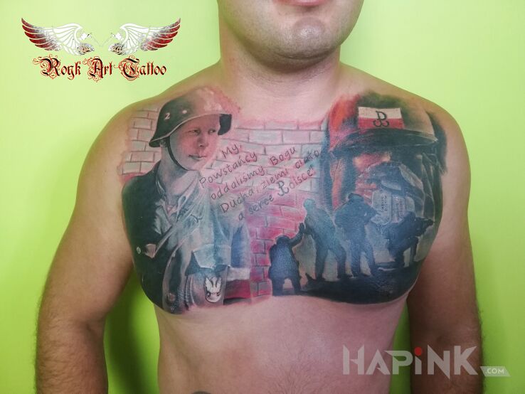 Tattoo Cover in lettering motif and realistic style on the chest