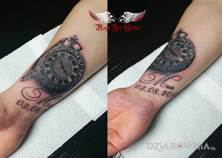 Tatuaż zegarek w motywie 3D i stylu realistyczne na przedramieniu