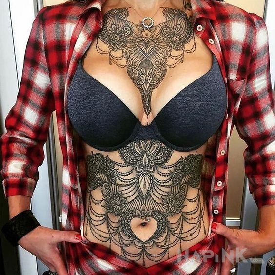 Tattoo Ornamenty in ornaments motif and graphic / illustrative style on the breast
