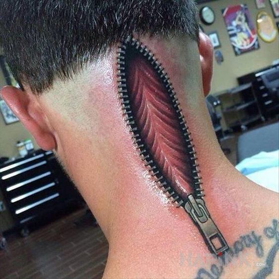 Tattoo Suwak in colorful motif and realistic style on the nape