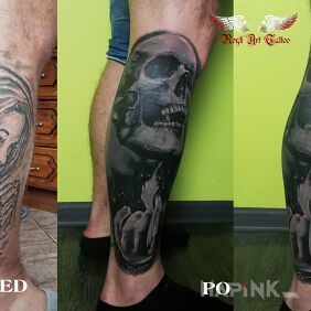 Tattoo Cover on the calf motif: black and gray style: realistic