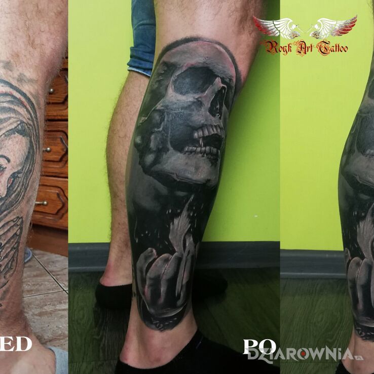 Tatuaż Cover w motywie cover up i stylu realistyczne na łydce