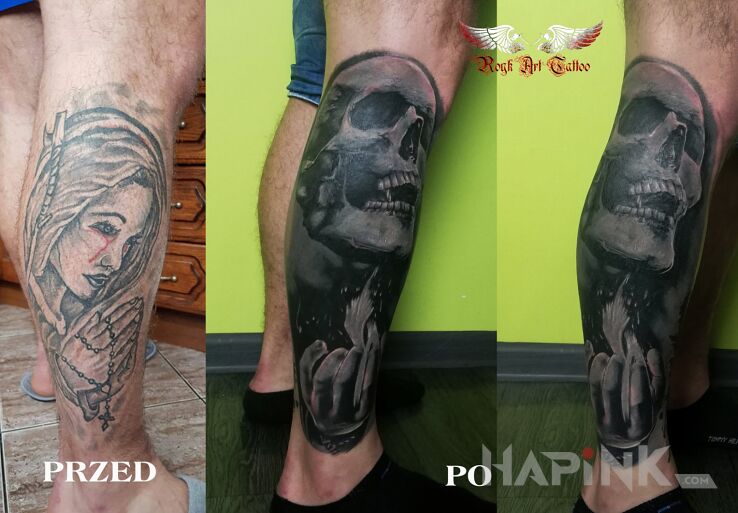 Tattoo Cover in black and gray motif and realistic style on the calf