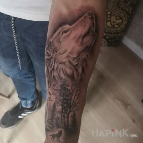 Tattoo Wolf forest on the forearm motif: animals style: realistic