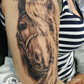 Tattoo Horse on the upper arm motif: black and gray style: realistic