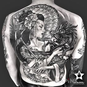 Tattoo Full Back Tattoo on the back motif: dragons style: realistic