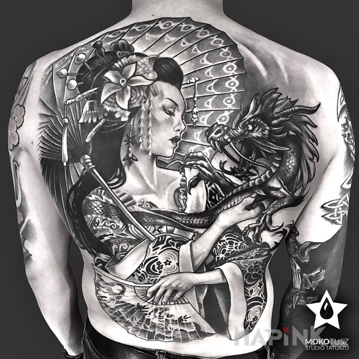 Tattoo Full Back Tattoo in black and gray motif and realistic style on the shoulder blades