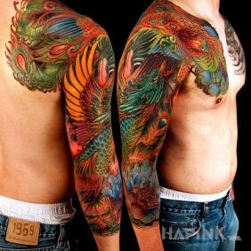 Tattoo Colorful peacock on a rake on the shoulder blades motif: colorful style: japanese / irezumi