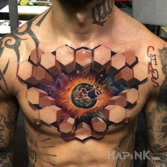 Tattoo Kosmiczny tatuaż in colorful motif and realistic style on the chest