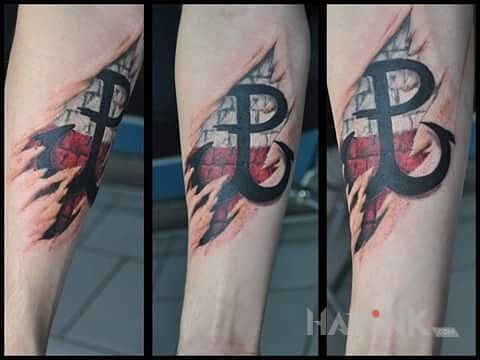 Tattoo <3 in patriotic motif on the forearm