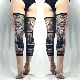 Tattoo Ship and waves on the calf motif: other style: engravings / gravure