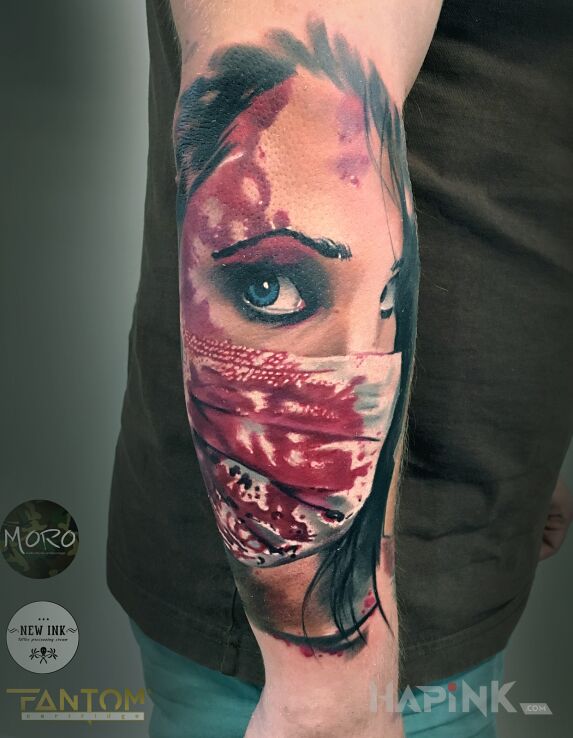Tattoo Krwawa Marry in faces motif and realistic style on the forearm