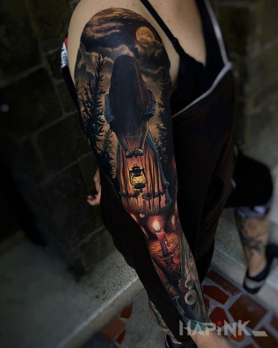 Tattoo Mroczna dziewczynka in dark motif and realistic style on the forearm