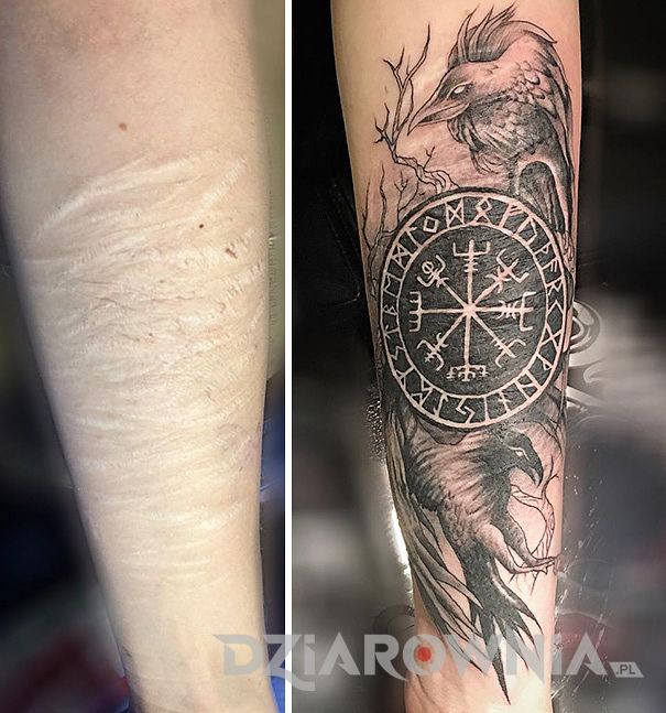 Blizna zakryta tatuażem nordyckim na przedramieniu