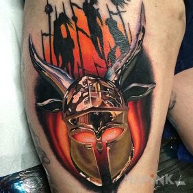 Tattoo Horned helmet on the leg motif: war