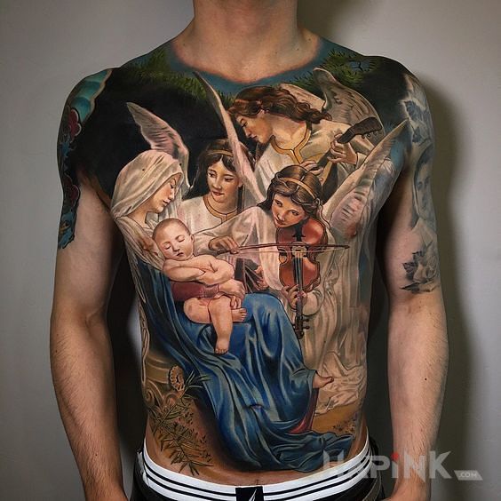 Tattoo Dzieciątko Jezus in characters motif and realistic style on the chest