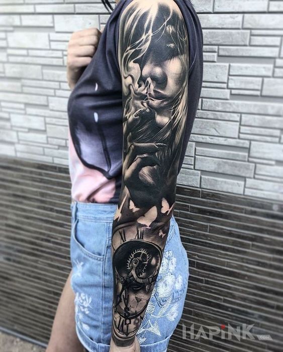 Tattoo Dama z papierosem in sleeves motif and realistic style on the upper arm