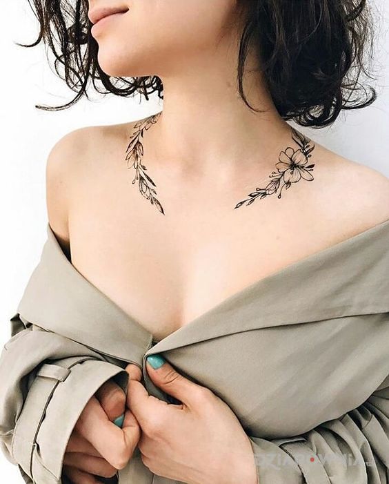 Tatuaż kwiatki dookoła szyi w motywie kwiaty i stylu graficzne / ilustracyjne na szyi
