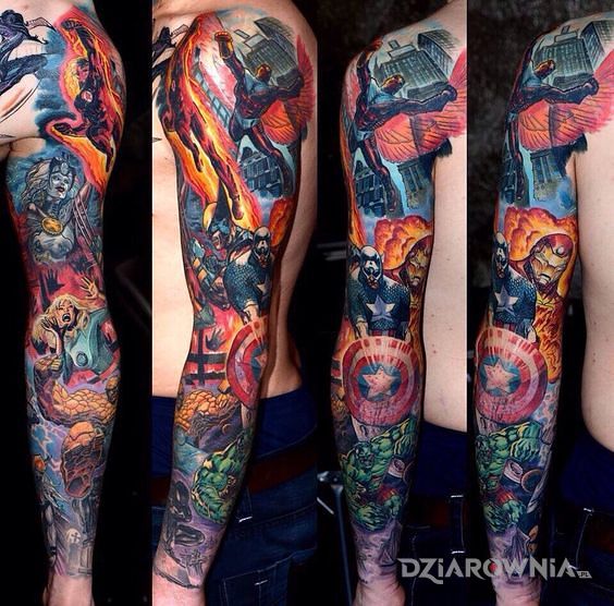 Tatuaż super bohaterski rękaw w motywie rękawy i stylu kreskówkowe / komiksowe na ramieniu