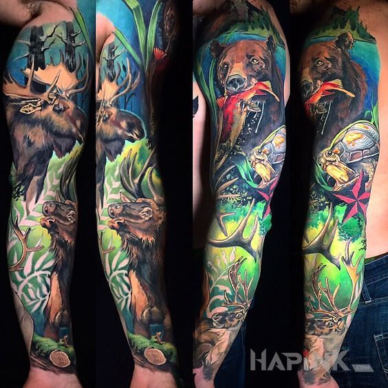 Tattoo Leśny klimat in sleeves motif and cartoon / comic book style on the forearm