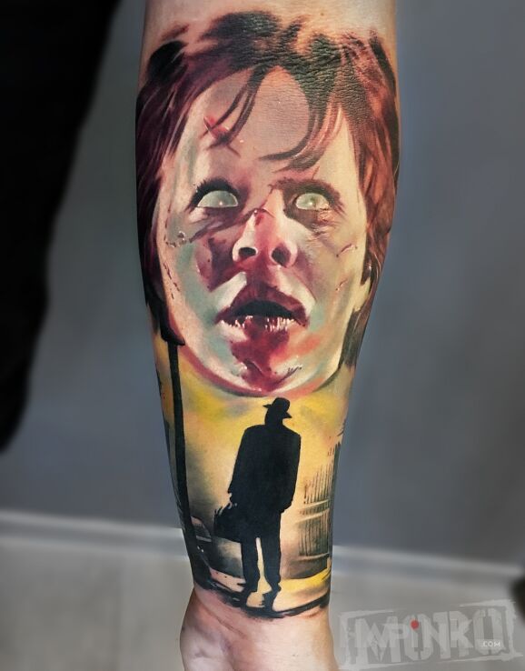 Tattoo The Exorcist in colorful motif and realistic style on the forearm