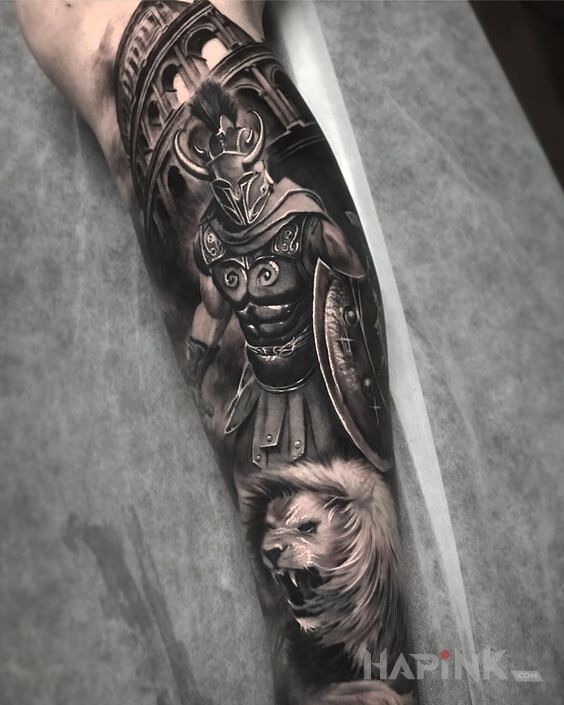 Tattoo Opancerzony gladiator in characters motif and realistic style on the calf