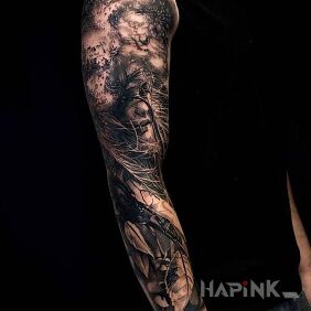 Tattoo Asteroids and a woman on the forearm motif: 3D style: realistic