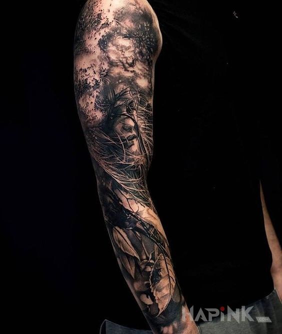 Tattoo Asteroidy i kobieta in faces motif and realistic style on the forearm