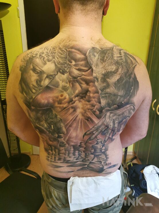 Tattoo Szatan , Anioł... in black and gray motif and realistic style on the back