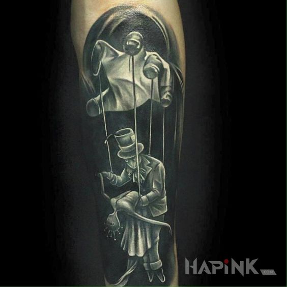 Tattoo Marionetki in characters motif and realistic style on the forearm