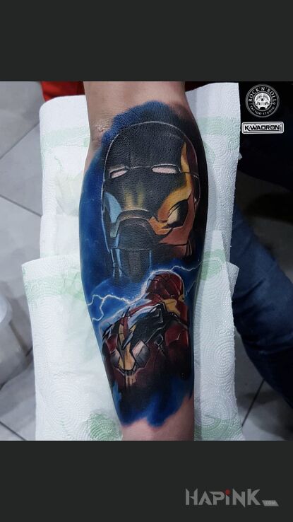 Tattoo Iron Man in characters motif and realistic style on the forearm
