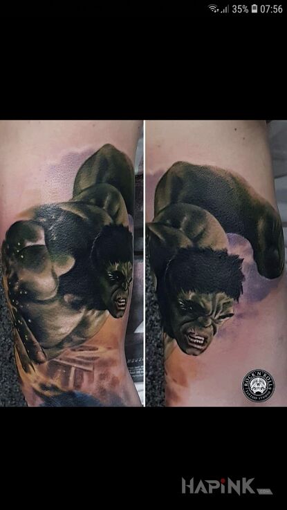 Tattoo Hulk in characters motif and realistic style on the forearm