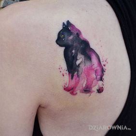 Tatuaż Akwarelowy kot na łopatkach motyw: kolorowe styl: watercolor