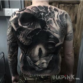 Tattoo Powerful tattoo on the back on the back motif: characters style: realistic